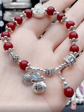 Red Natural Cinnabar Charm Bracelet with Silver Accents